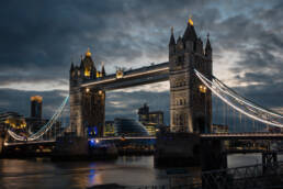 Tower Bridge in London, UK at dusk